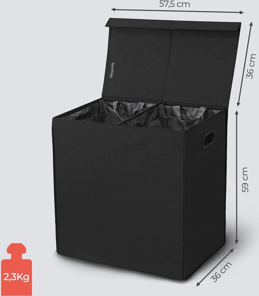 LifeGoods Wasmand - 2 Vakken Met Deksel - Opvouwbaar - 120 L - Wassorteerder - Stof - Zwart - Afbeelding 5
