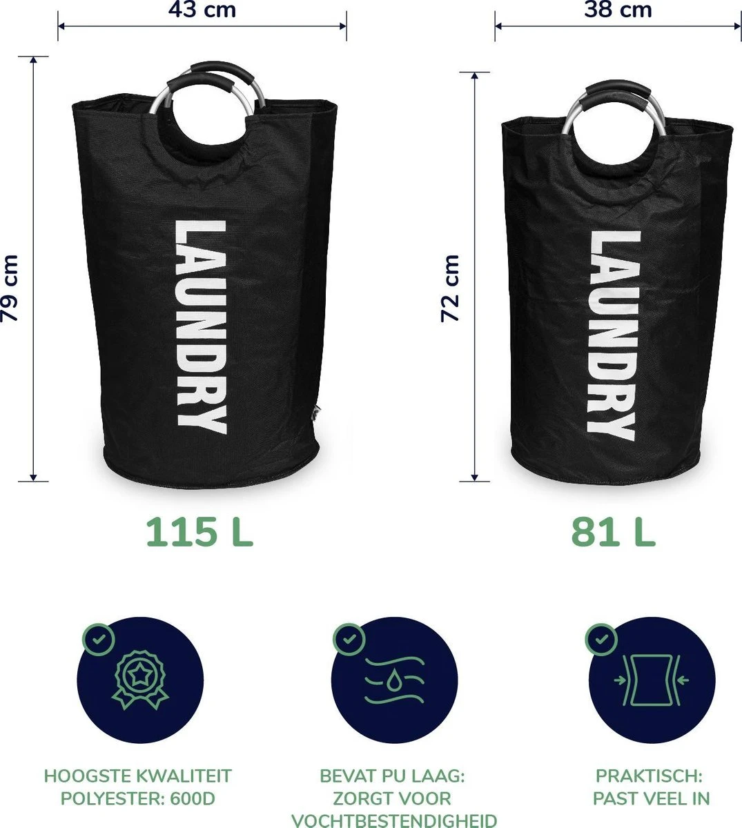 Wonair Wasmand – Waszak – Laundry Bag - Wassorteerder - Opvouwbaar – 81L – Zwart - Afbeelding 8