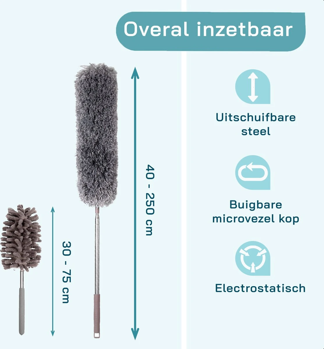 ForDig 7-Delige Plumeau Set - Duster Met Telescoopsteel Uitschuifbaar Tot 250 Cm - Inclusief Ragebol / Voegenborstel / Microvezel Doek / Chenille Borstel - Wasbaar - 360 Graden Draaibaar - Afbeelding 8
