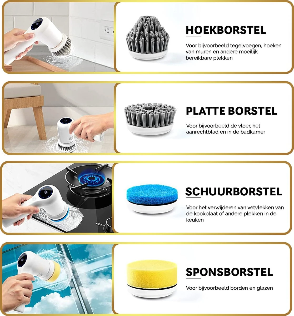 MostEssential Premium Elektrische Schoonmaakborstel 2023 Model – Elektrische Schrobber - Schrobborstel - Poetsmachine – Voor Badkamer Of Keuken - Inclusief 4 Borstelkoppen - Afbeelding 5