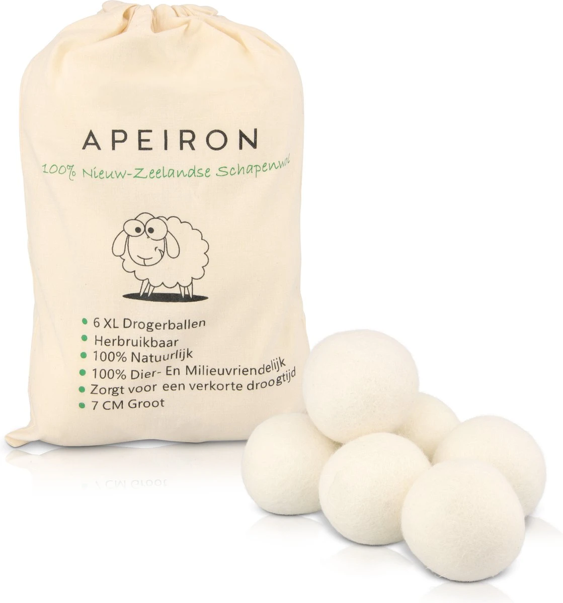 Apeiron Drogerballen - Droogballen - 6 XL Wasbollen - Droger - Duurzaam - Wasmachine - Wasverzachter - Energie Besparen - Zero Waste - Schapenvacht - Wol