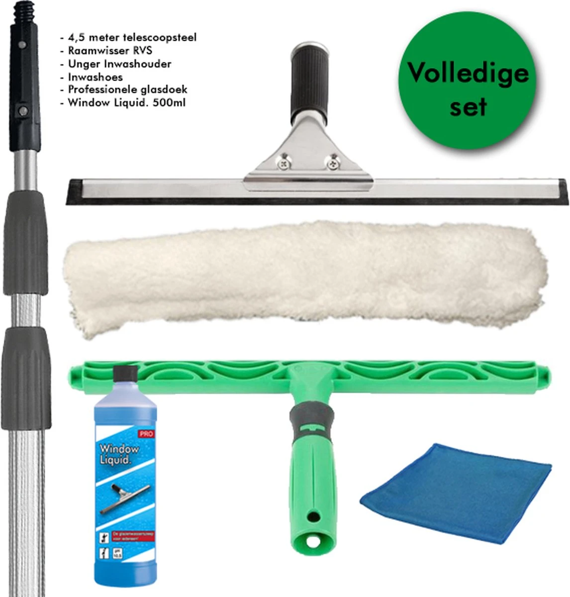Professionele Glasreinigingsset 6in1 - Ramen Wassen 4,5m Steel! - Raamwisser 35cm, UNGER Inwasser, Speciale Glasdoek, Window Liquid. 500ml