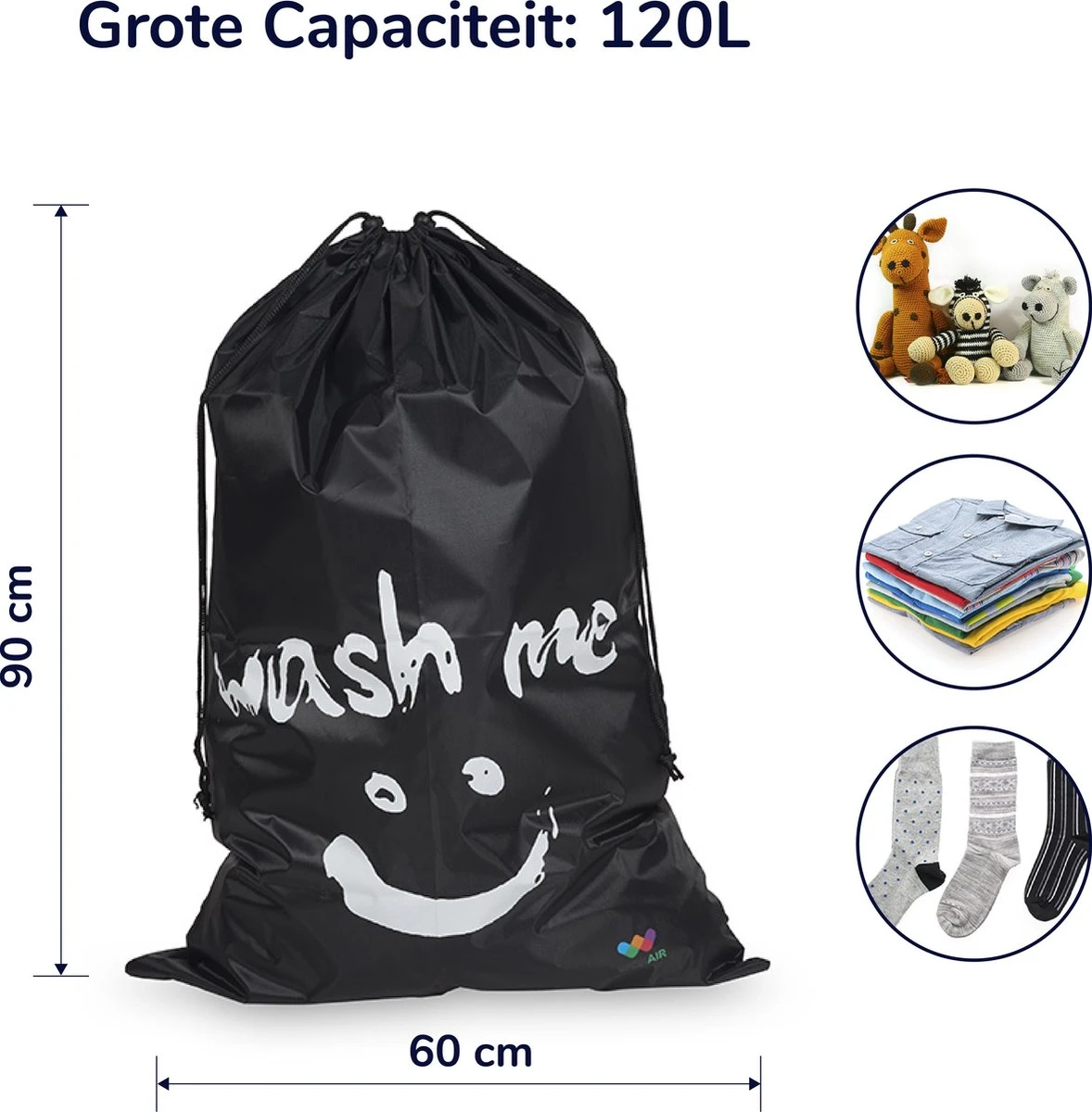 Wonair - Grote Waszak - Laundry Bag - Wash Me - 60x90cm - Zwart - Met Trekkoord - Afbeelding 8