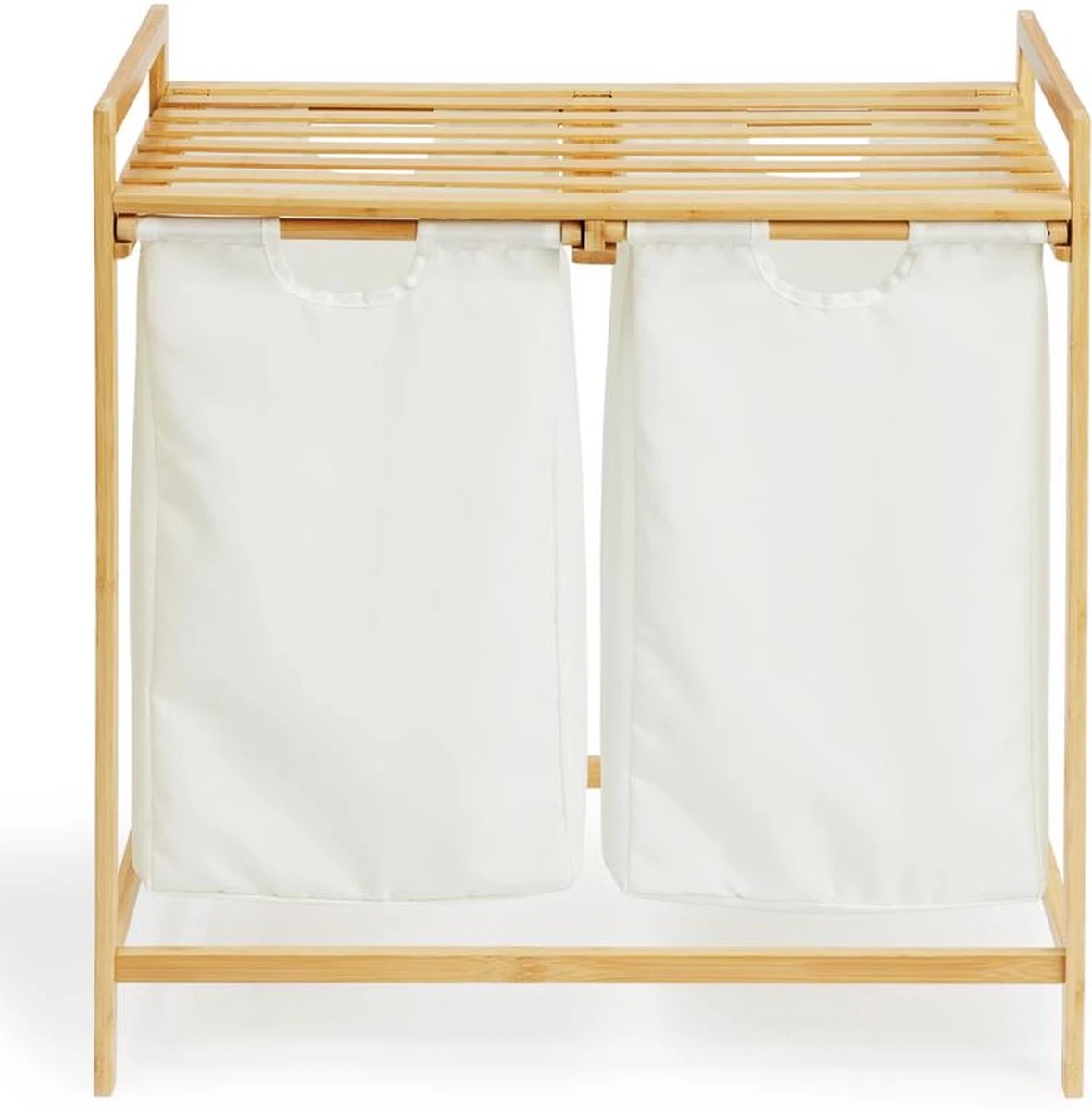 Bamboe Rek Met Wasmanden - 30L - Wassorteerder - 2 Vakken - Hout - Dubbele Wasmand - Afbeelding 2