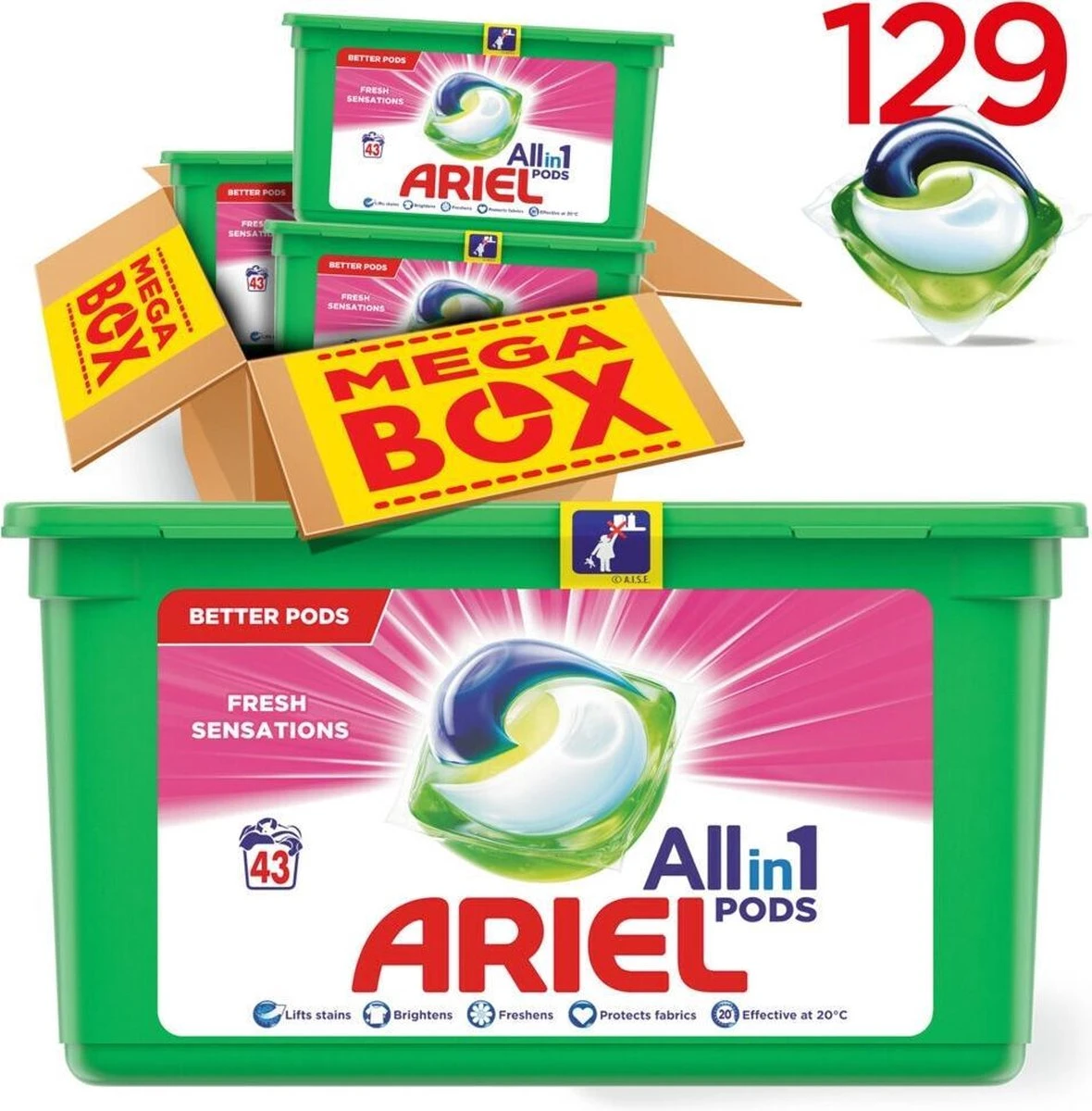 Ariel All In 1 Wasmiddel Pods Fresh Sensations - 3x43 Wasbeurten - Halfjaarbox - Afbeelding 2