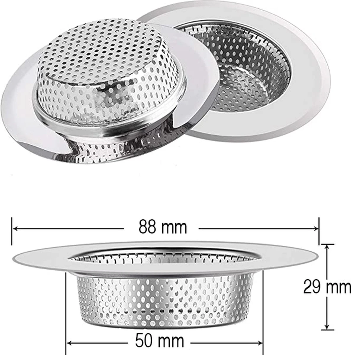 Luxe RVS Gootsteen Zeef Ø88mm - 50mm - Gootsteenstop - Afvoerzeef - Korfplug - Gootsteenbakje - Afvoerstop - Gootsteen Stop 80 Mm