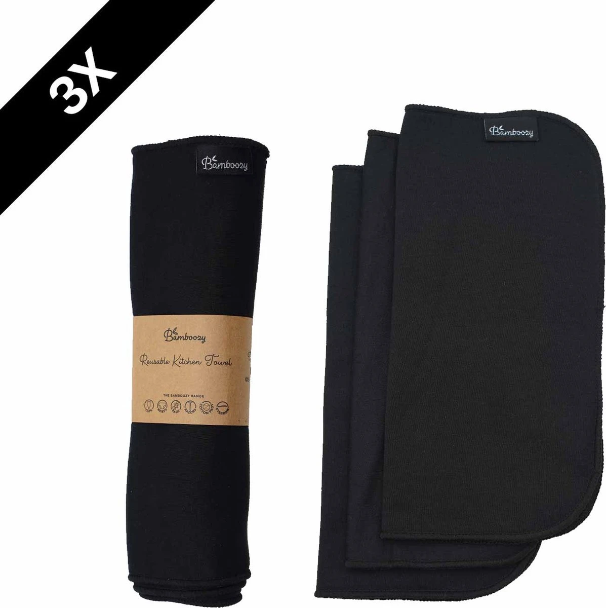 Bamboozy Vaatdoekjes Zwart 3 Stuks Herbruikbaar Keukenpapier Unpaper Towel Bamboevezels Plasticvrij