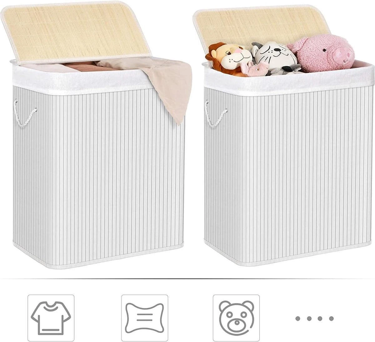 Songmics Wasmand 100 L, Bamboe Wasmand, Wasmand Met Handvaten, Deksel Met Clips, Opvouwbaar, Waszak Verwijderbaar, Wit LCB071W01 - Afbeelding 6