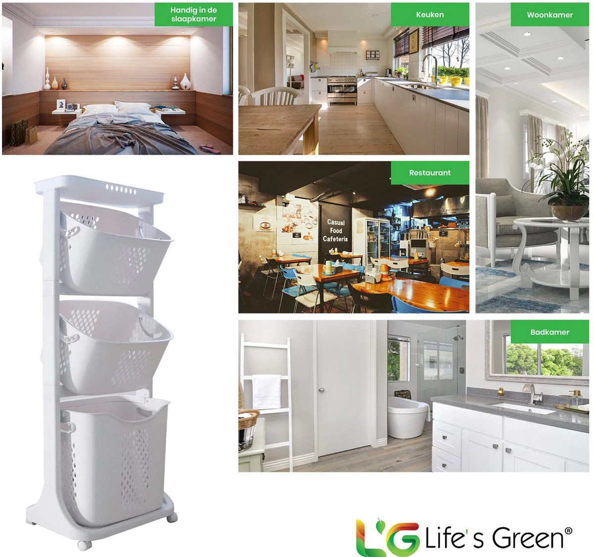 Life’s Green® - Wasmand - Wasmand 3 Vakken - Wassorteerder - Ophangbaar - Afbeelding 4