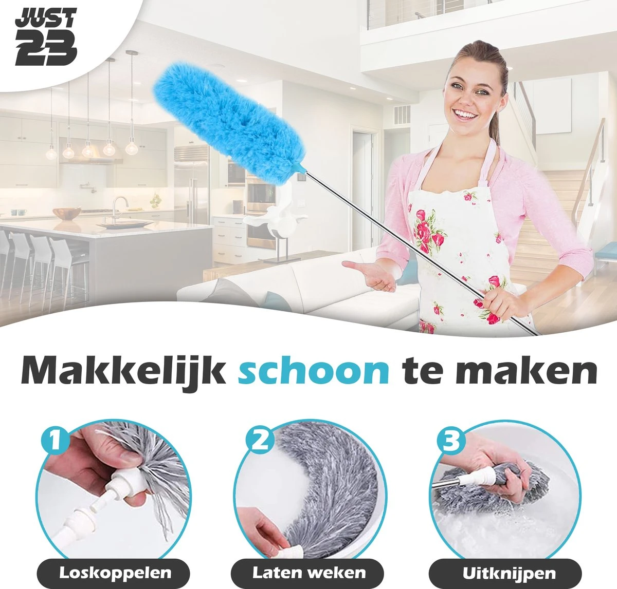 JUST23 Plumeau Uitschuifbaar Met Telescoopsteel – 60 Tot 140 Cm – Ragebol – Stoffer – Duster - Blauw - Incl. Microfiber Doek - Afbeelding 5