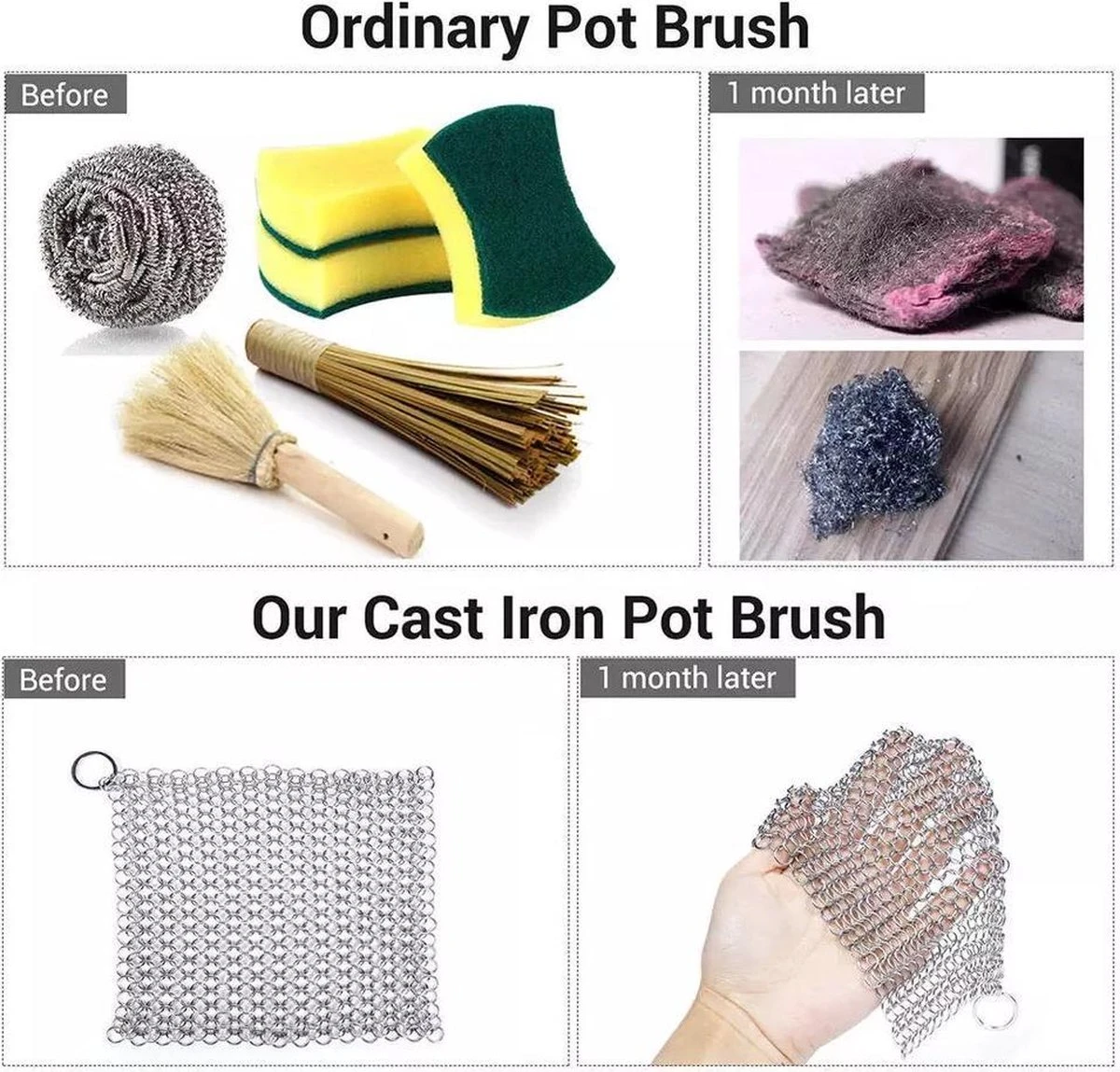 LOUZIR RVS Gietijzer Cleaner Voor Pannen - Metalen Borstel- Scrubmat- Zilver - Afbeelding 7