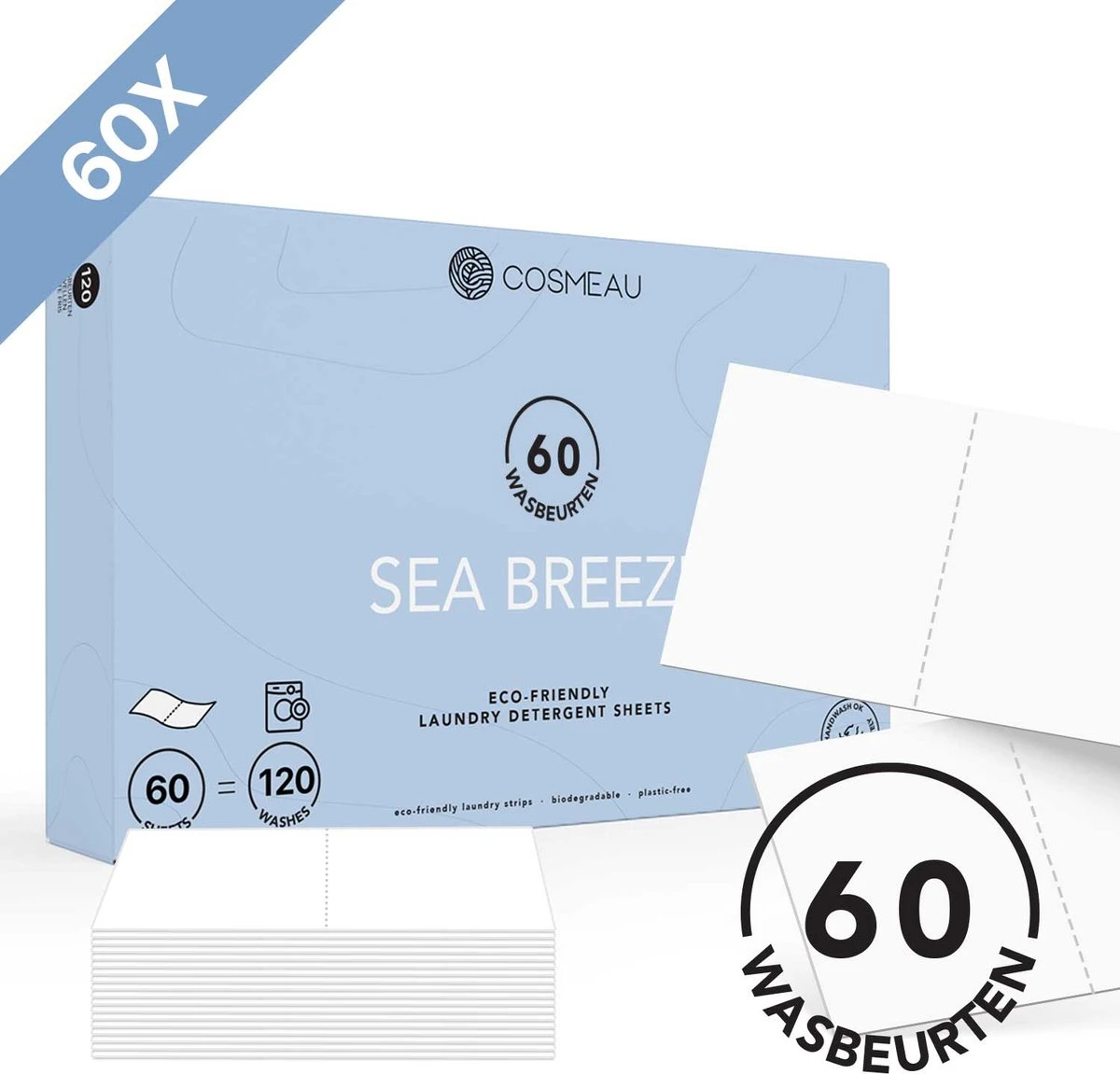 Cosmeau Wasstrips 60 Wasbeurten Zeebries Wasmiddel Wasvellen Wasdoekjes Detergent Sheets Eco Laundry Strips - Plasticvrij Biologisch Eco