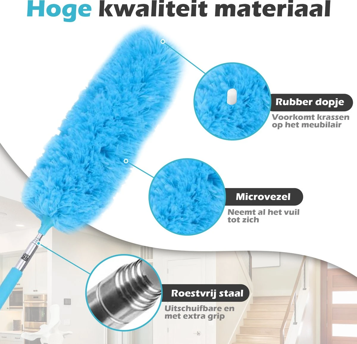 JUST23 Plumeau Uitschuifbaar Met Telescoopsteel – 60 Tot 140 Cm – Ragebol – Stoffer – Duster - Blauw - Incl. Microfiber Doek - Afbeelding 7
