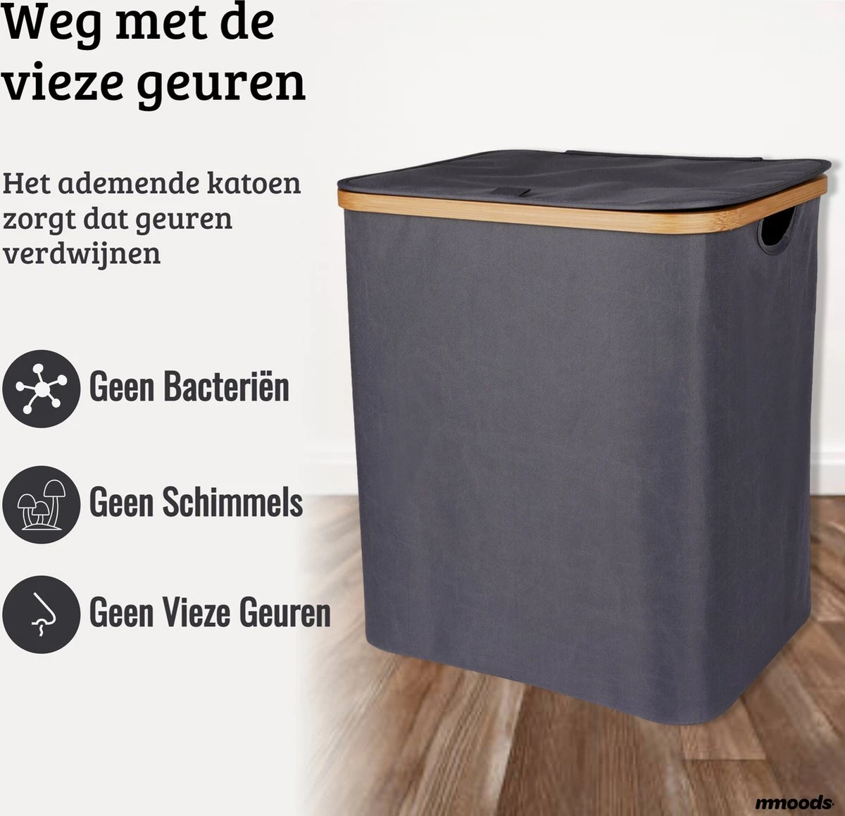 Mmoods Wasmand Katoen 2 Vakken 65 Liter - Wassorteerder Met Deksel Bamboe - Wasbox Badkamer Met Handvaten Grijs - Afbeelding 5