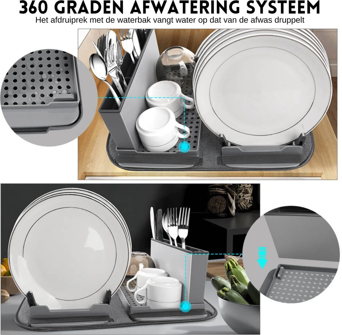 Afdruiprek Met Lekbak - Inclusief Afdruipmat - Opvouwbaar - Afwasrek Met Uitneembare Bestekhouder - Voor Bestek, Borden, Pannen En Schalen - Afbeelding 4