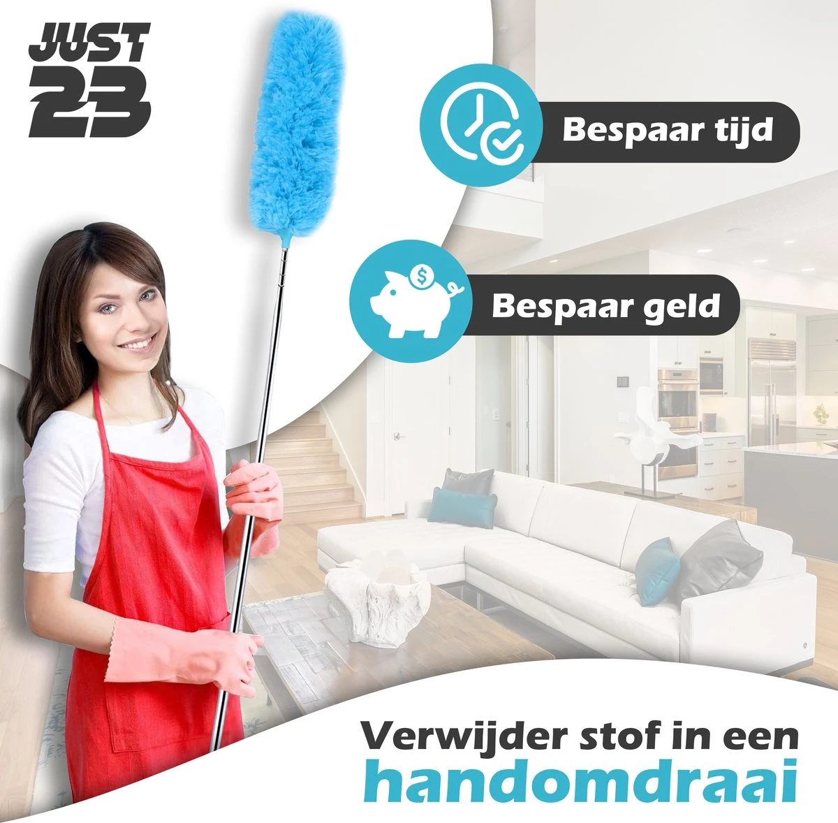 JUST23 Plumeau Uitschuifbaar Met Telescoopsteel – 60 Tot 140 Cm – Ragebol – Stoffer – Duster - Blauw - Incl. Microfiber Doek - Afbeelding 6