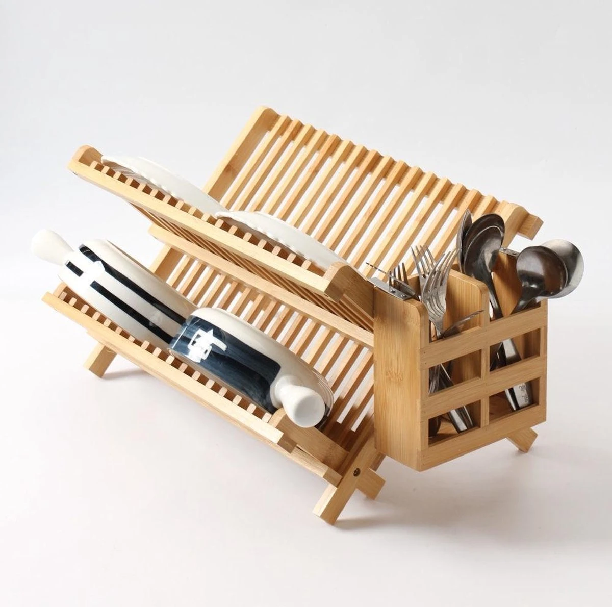 Merkloos Decopatent® Afdruiprek Voor Afwas - Bamboe - Hout - Inklapbaar Afdruiprek - Afwasrekje Inclusief Bestekhouder - Afwas Druiprek - Afbeelding 7