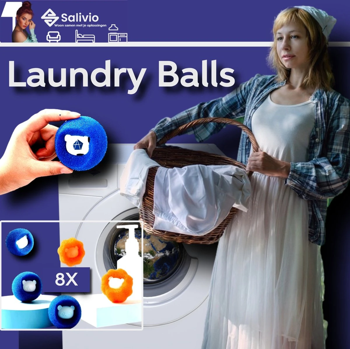 Salivio Laundryballs - 8x Wasbol Set - Huisdieren Haar Verwijderen - Wasbollen - Drogerballen - Energiebesparend - Wasverzachter - Milieuvriendelijk Wassen