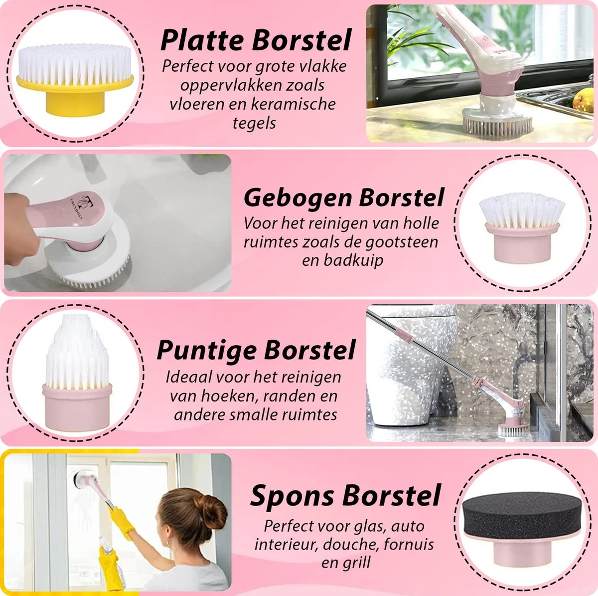 Trendosa Elektrische Schoonmaakborstel - Elektrische Schrobborstel - Poetsmachine - Handborstel - Scrubber- De Badkamer/Keuken/Auto- Roze - Afbeelding 2