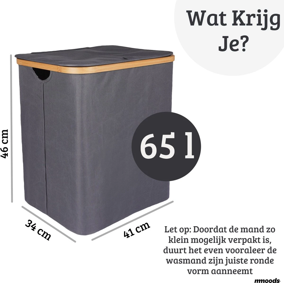 Mmoods Wasmand Katoen 2 Vakken 65 Liter - Wassorteerder Met Deksel Bamboe - Wasbox Badkamer Met Handvaten Grijs - Afbeelding 6