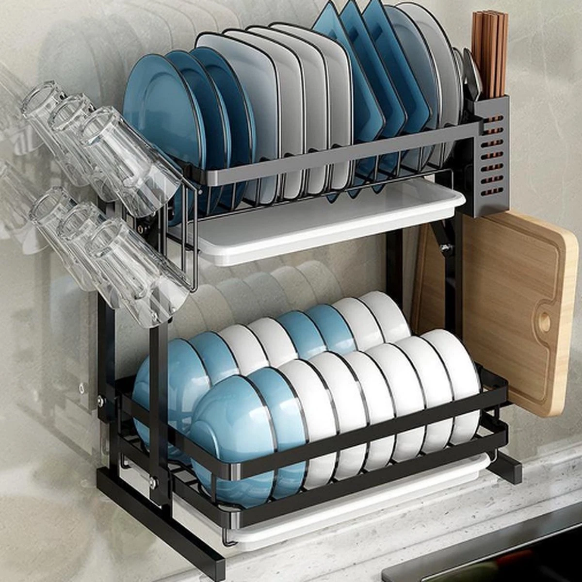 Doogo® Afdruiprek Met Lekbak 2 Laags – Inklapbaar - Muur Hangen Mogelijke - Afwasrek – Met 2 Lekbakken – Extra Accessories Voor Servies En Snijplanken - RVS - Afbeelding 8