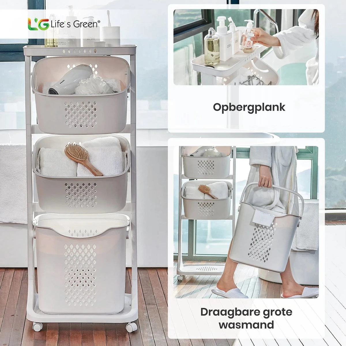 Life’s Green® - Wasmand - Wasmand 3 Vakken - Wassorteerder - Ophangbaar - Afbeelding 3