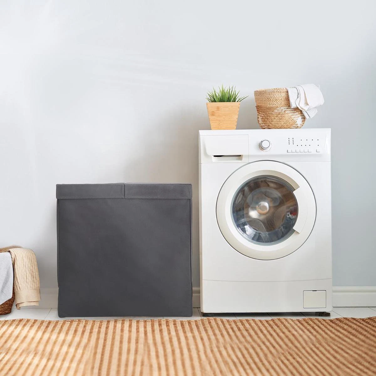 LifeGoods Wasmand - 2 Vakken Met Deksel - Opvouwbaar - 120 L - Wassorteerder - Stof - Zwart - Afbeelding 2