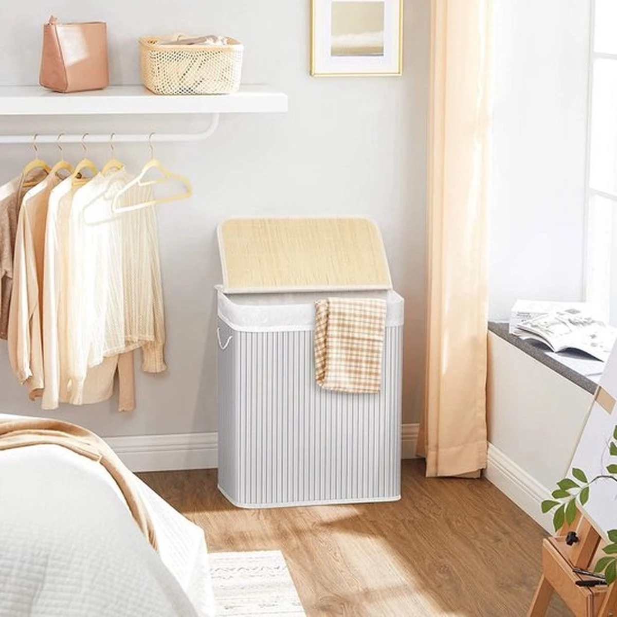 Songmics Wasmand 100 L, Bamboe Wasmand, Wasmand Met Handvaten, Deksel Met Clips, Opvouwbaar, Waszak Verwijderbaar, Wit LCB071W01 - Afbeelding 5