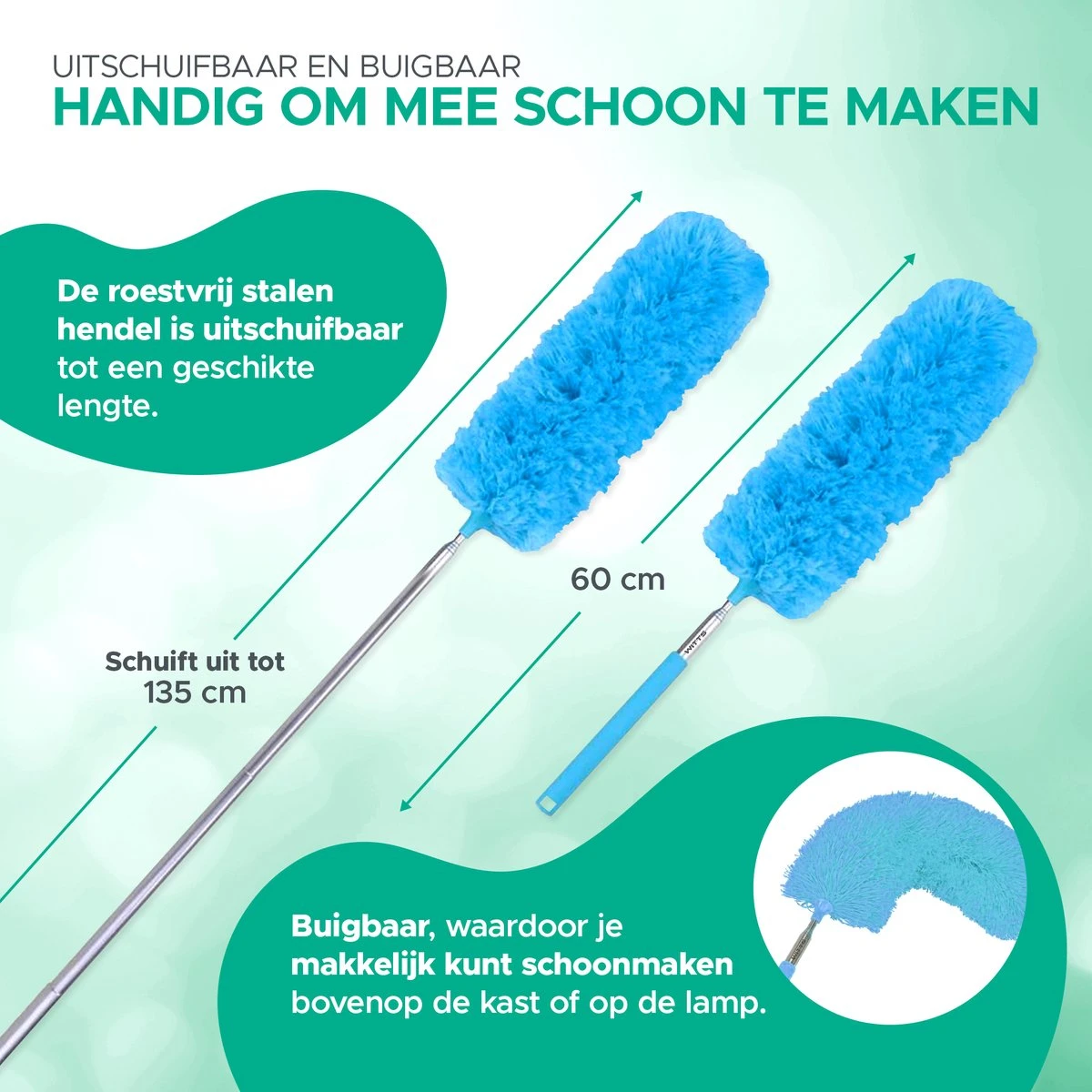 WITTS Telescopische Plumeau Met Telescoopsteel - 60 Tot 140 Cm - Uitschuifbaar - Blauw - Afbeelding 4