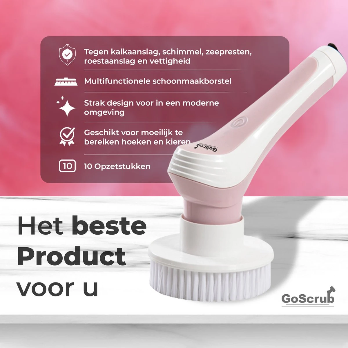 GoScrub® Elektrische Schoonmaakborstel – Elektrische Schrobber - Schrobborstel – Voor Badkamer Of Keuken – Schrobber Met Steel – Luiwagen – Polijstmachine - Roze - Afbeelding 3