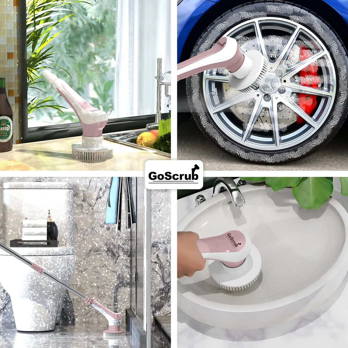 GoScrub® Elektrische Schoonmaakborstel – Elektrische Schrobber - Schrobborstel – Voor Badkamer Of Keuken – Schrobber Met Steel – Luiwagen – Polijstmachine - Roze - Afbeelding 5