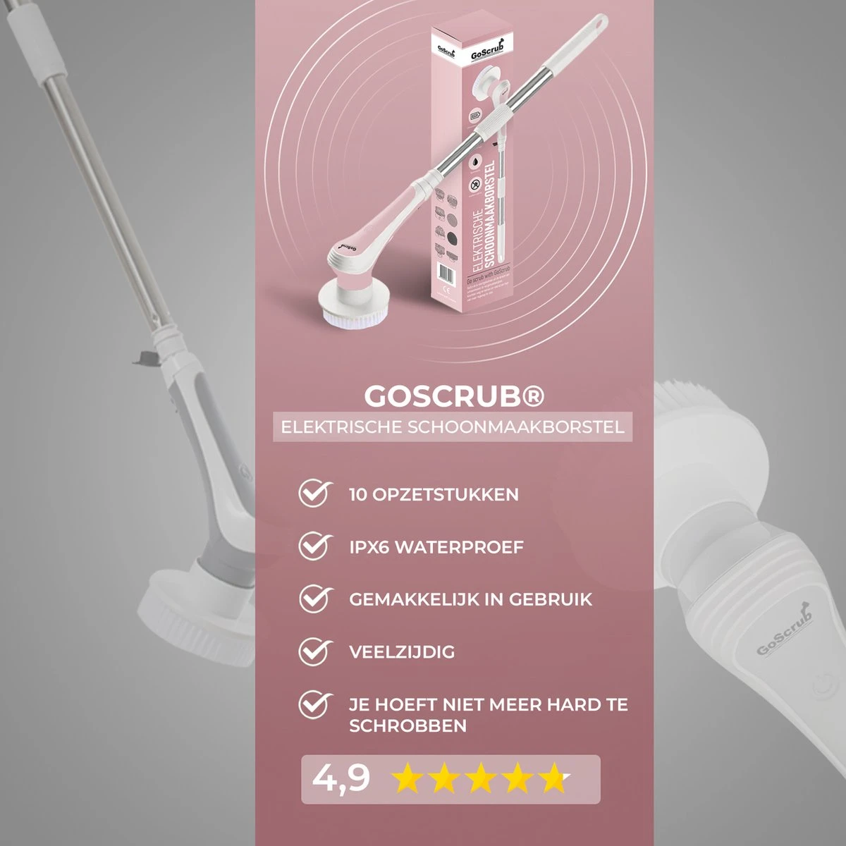 GoScrub® Elektrische Schoonmaakborstel – Elektrische Schrobber - Schrobborstel – Voor Badkamer Of Keuken – Schrobber Met Steel – Luiwagen – Polijstmachine - Roze - Afbeelding 8