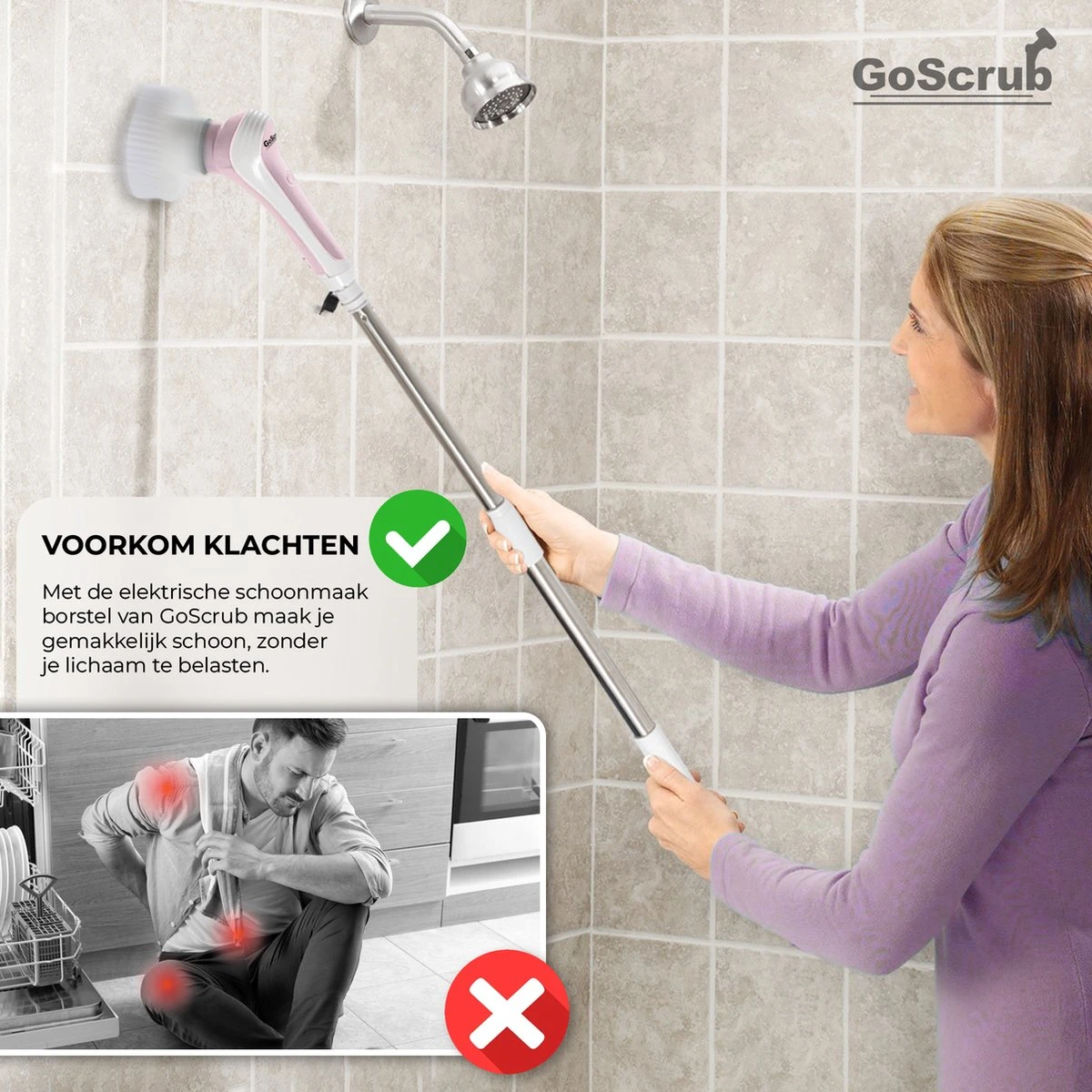 GoScrub® Elektrische Schoonmaakborstel – Elektrische Schrobber - Schrobborstel – Voor Badkamer Of Keuken – Schrobber Met Steel – Luiwagen – Polijstmachine - Roze - Afbeelding 9