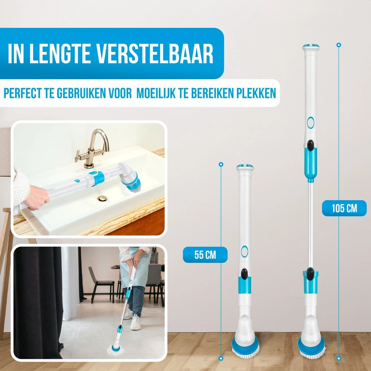 Strex Elektrische Schoonmaakborstel - Draadloze Schrobborstel - Schrobber - 3 Opzetstukken - Telescoopsteel - Poetsmachine Met Krachtige Accu - Afbeelding 2