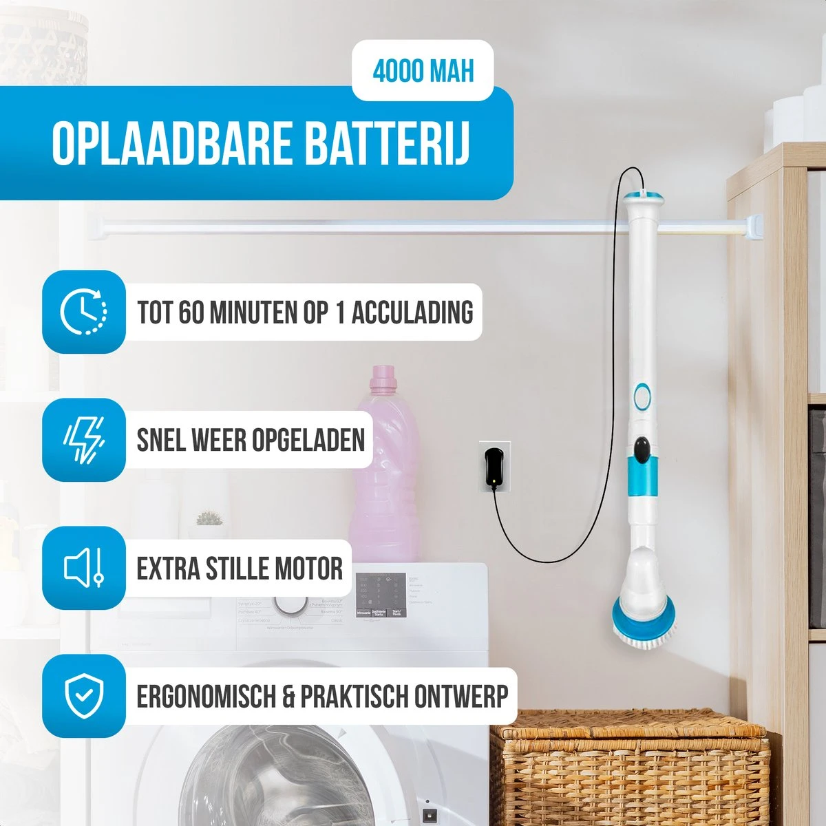 Strex Elektrische Schoonmaakborstel - Draadloze Schrobborstel - Schrobber - 3 Opzetstukken - Telescoopsteel - Poetsmachine Met Krachtige Accu - Afbeelding 5