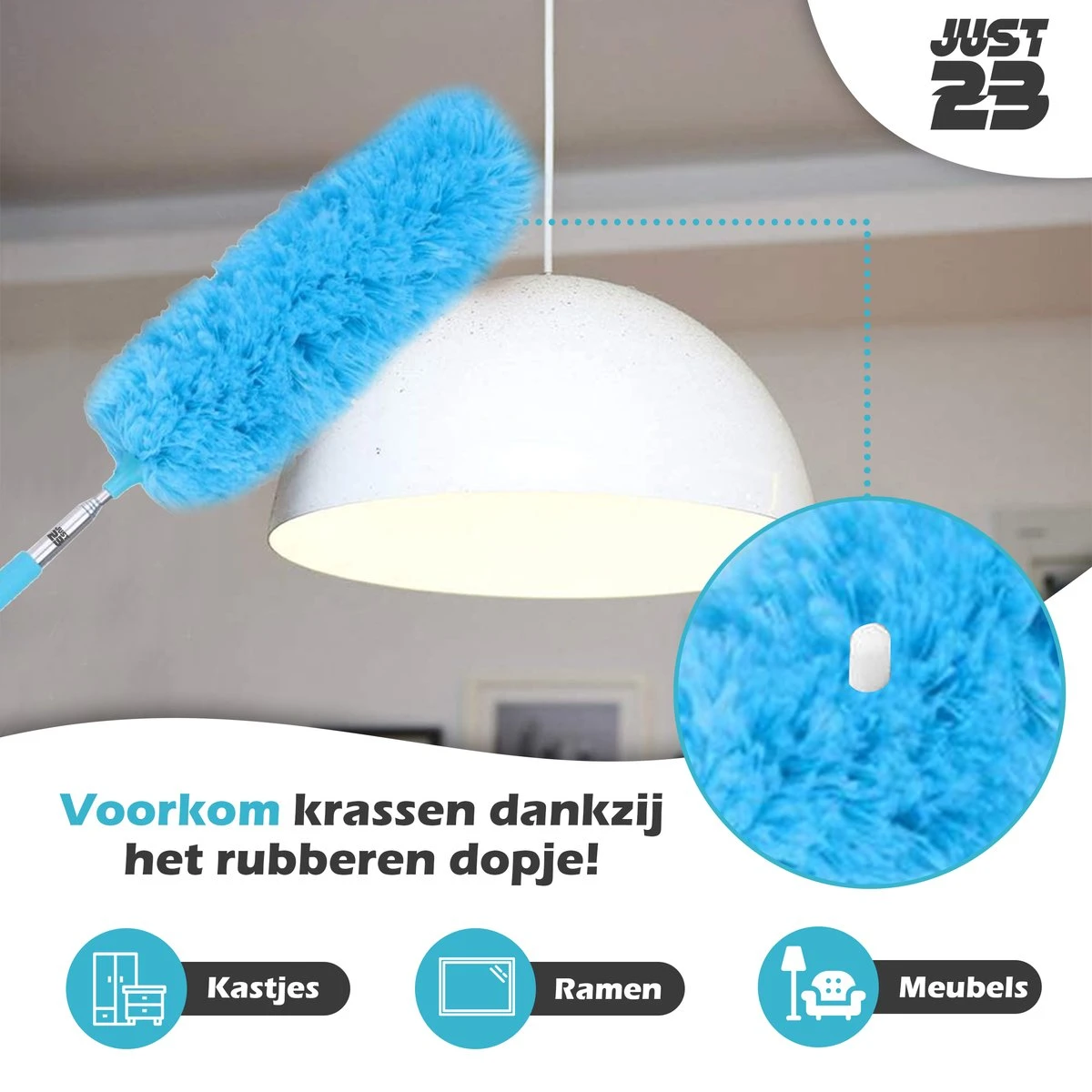 JUST23 Plumeau Uitschuifbaar Met Telescoopsteel – 60 Tot 140 Cm – Ragebol – Stoffer – Duster - Blauw - Incl. Microfiber Doek - Afbeelding 3