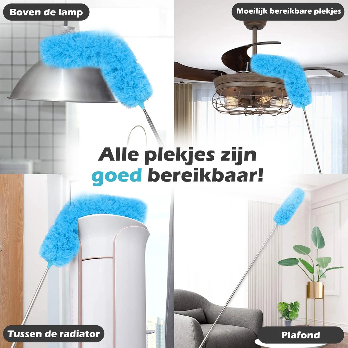 JUST23 Plumeau Uitschuifbaar Met Telescoopsteel – 60 Tot 140 Cm – Ragebol – Stoffer – Duster - Blauw - Incl. Microfiber Doek - Afbeelding 4