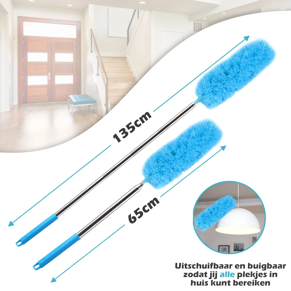 JUST23 Plumeau Uitschuifbaar Met Telescoopsteel – 60 Tot 140 Cm – Ragebol – Stoffer – Duster - Blauw - Incl. Microfiber Doek - Afbeelding 8