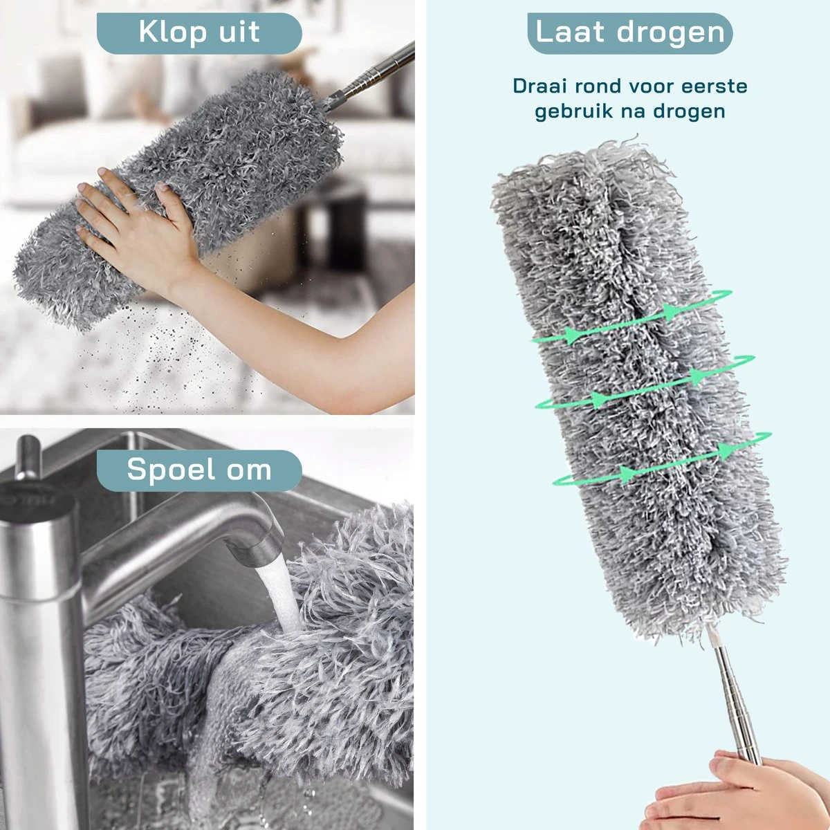 ForDig Telescopische Plumeau Microvezel - Duster Met Telescoopsteel Uitschuifbaar Tot 250 Cm - Wasbaar - 360 Graden Draaibaar - Afbeelding 3