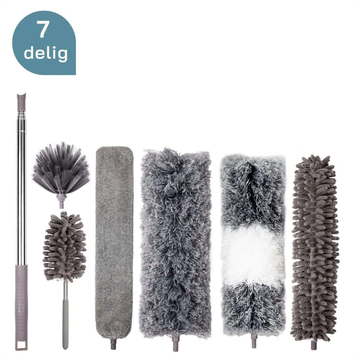 ForDig 7-Delige Plumeau Set - Duster Met Telescoopsteel Uitschuifbaar Tot 250 Cm - Inclusief Ragebol / Voegenborstel / Microvezel Doek / Chenille Borstel - Wasbaar - 360 Graden Draaibaar