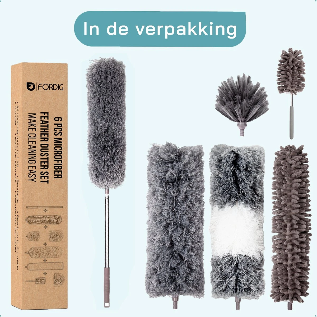 ForDig 7-Delige Plumeau Set - Duster Met Telescoopsteel Uitschuifbaar Tot 250 Cm - Inclusief Ragebol / Voegenborstel / Microvezel Doek / Chenille Borstel - Wasbaar - 360 Graden Draaibaar - Afbeelding 9