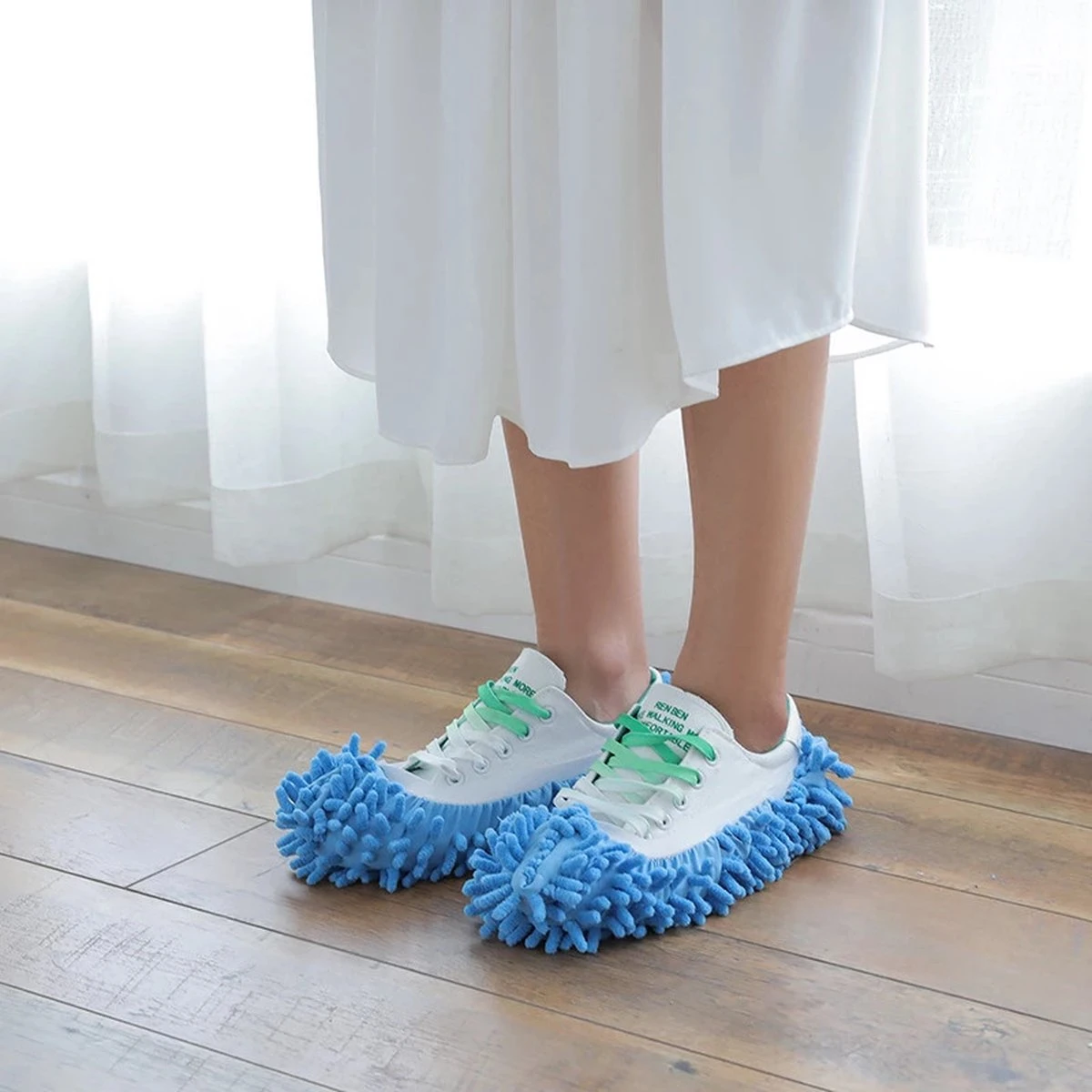 Merkloos Dweil Schoenen Vloermop (Blauw) - Vaatdoek - Keukendoek - Droogdoek - Microvezeldoek - Microvezel Doek - Microfiber Dweil - Multifunctioneel - Voor Vloer, Ramen En Auto | 1 Paar - Afbeelding 6