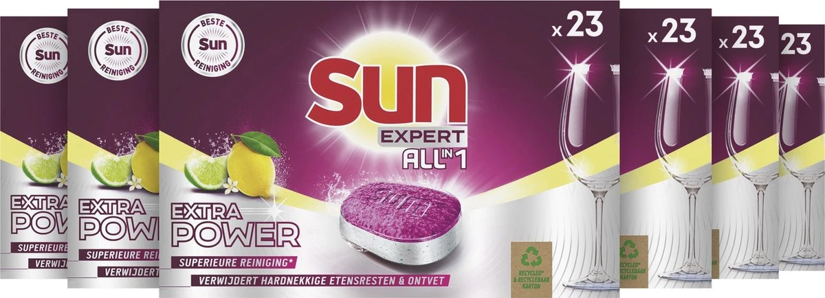 SUNĀ® Sun All-In-1 Extra Power Lemon Vaatwastabletten - 6 X 23 Tabletten - Voordeelverpakking - Afbeelding 2