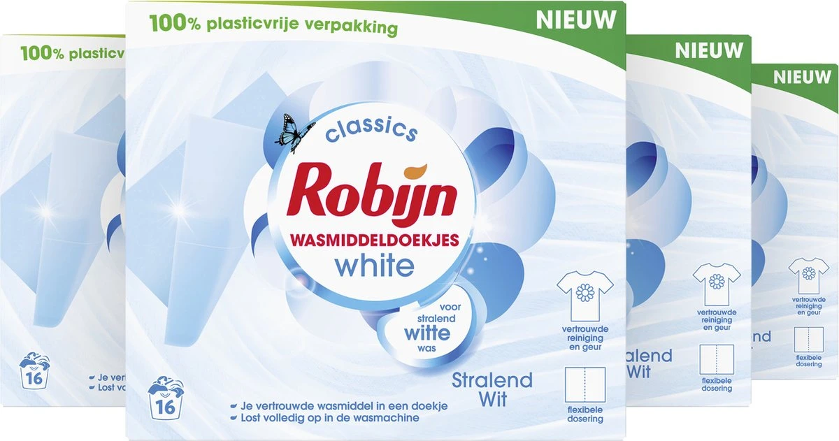 Robijn Classics Stralend Wit Wasmiddeldoekjes - 4 X 16 Wasstrips - Voordeelverpakking - Afbeelding 2