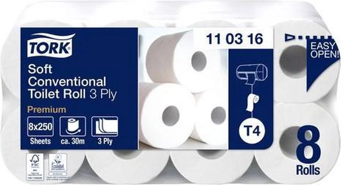 Tork Traditioneel Toiletpapier 3-laags Wit 250 Vel T4 Premium - Afbeelding 2