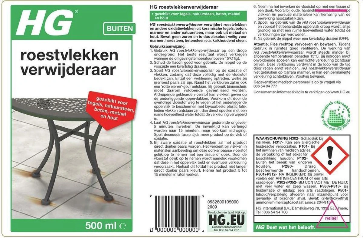 HG Roestvlekken Verwijderaar - 500ml - Veilig In Gebruik - Voor Alle Natuursteensoorten, Alle Houtsoorten, Keramische Tegels, Dakpannen - - Afbeelding 2
