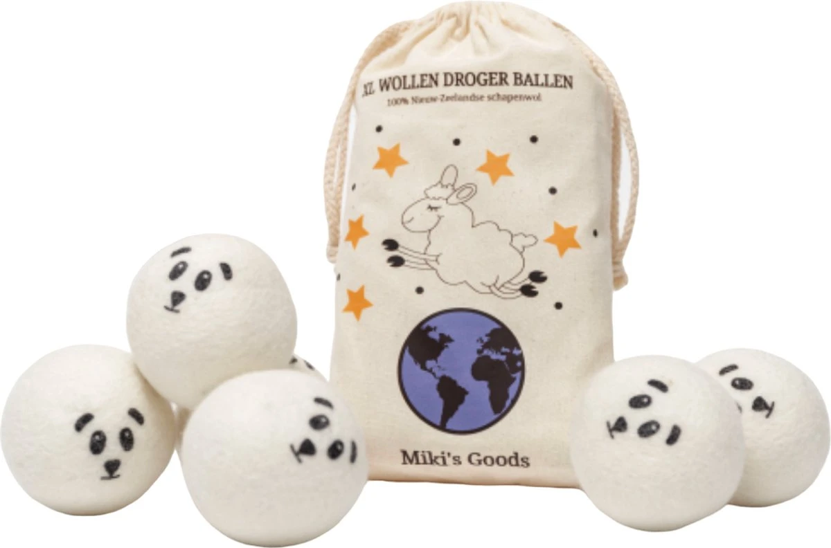 Miki's Goods® XL Wollen Drogerballen 6 Stuks - Panda Wasballen - Duurzaam - Wasbol - 100% Nieuw-Zeelandse Schapenwol - Wasbollen - Herbruikbaar- Droogballen - Snellere Droogtijd - Zuigt Dierenharen Op