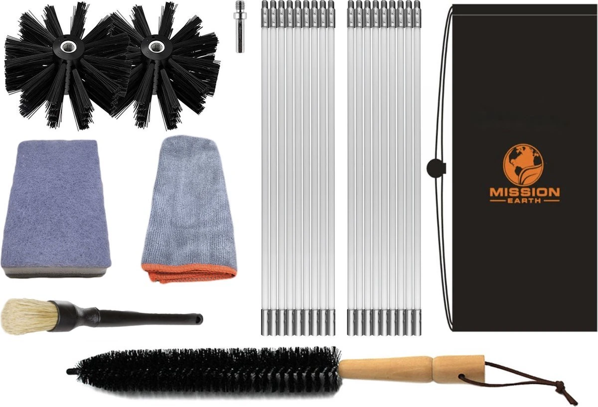 Schoorsteenveegset - 8 Meter - 2 Borstelkoppen - Professioneel - Schoorsteen Borstel - Veegkit - Haardset Voor Houtkachel - Flexibel - Schoorsteenveger - Pelletkachel Accessoires - Schoorsteen Reiniger - Geschikt Voor Boormachines
