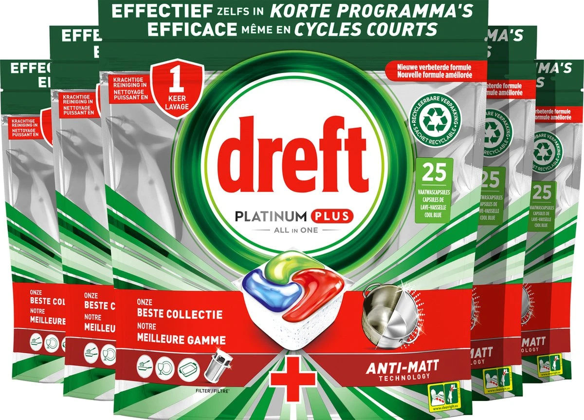 Dreft Platinum Plus All In One - Vaatwastabletten - Voordeelverpakking 5 X 25 Stuks