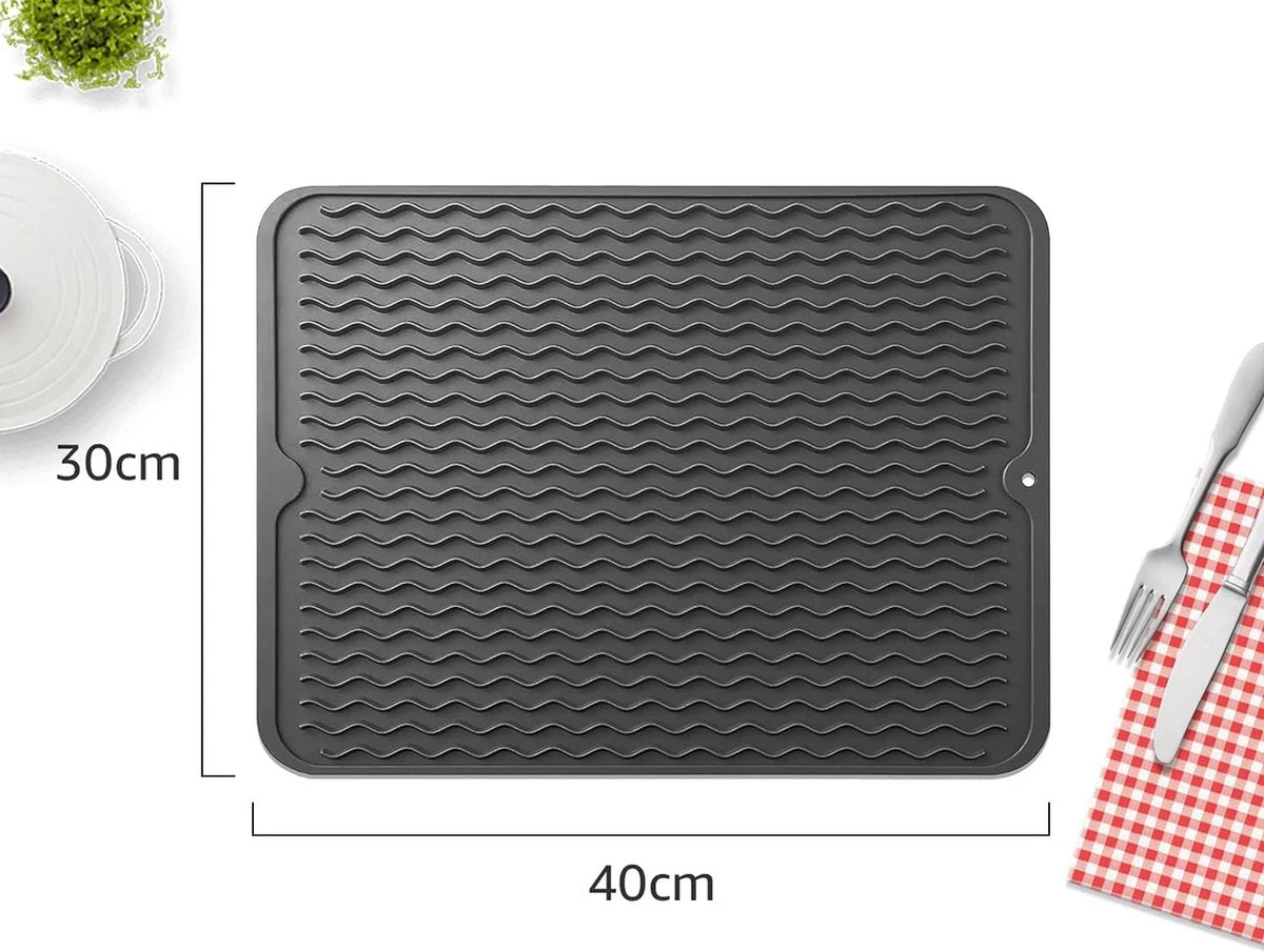 Merkloos Afdruipmat - Pannenonderzetter- Siliconen Mat - Zwart - 30 X 40 CM - Met Ophanggat - Hittebestendig - Afbeelding 2